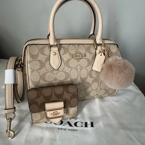 Coach Rowan Satchel BagIn Blocked Signature Canvas And Matching Wallet